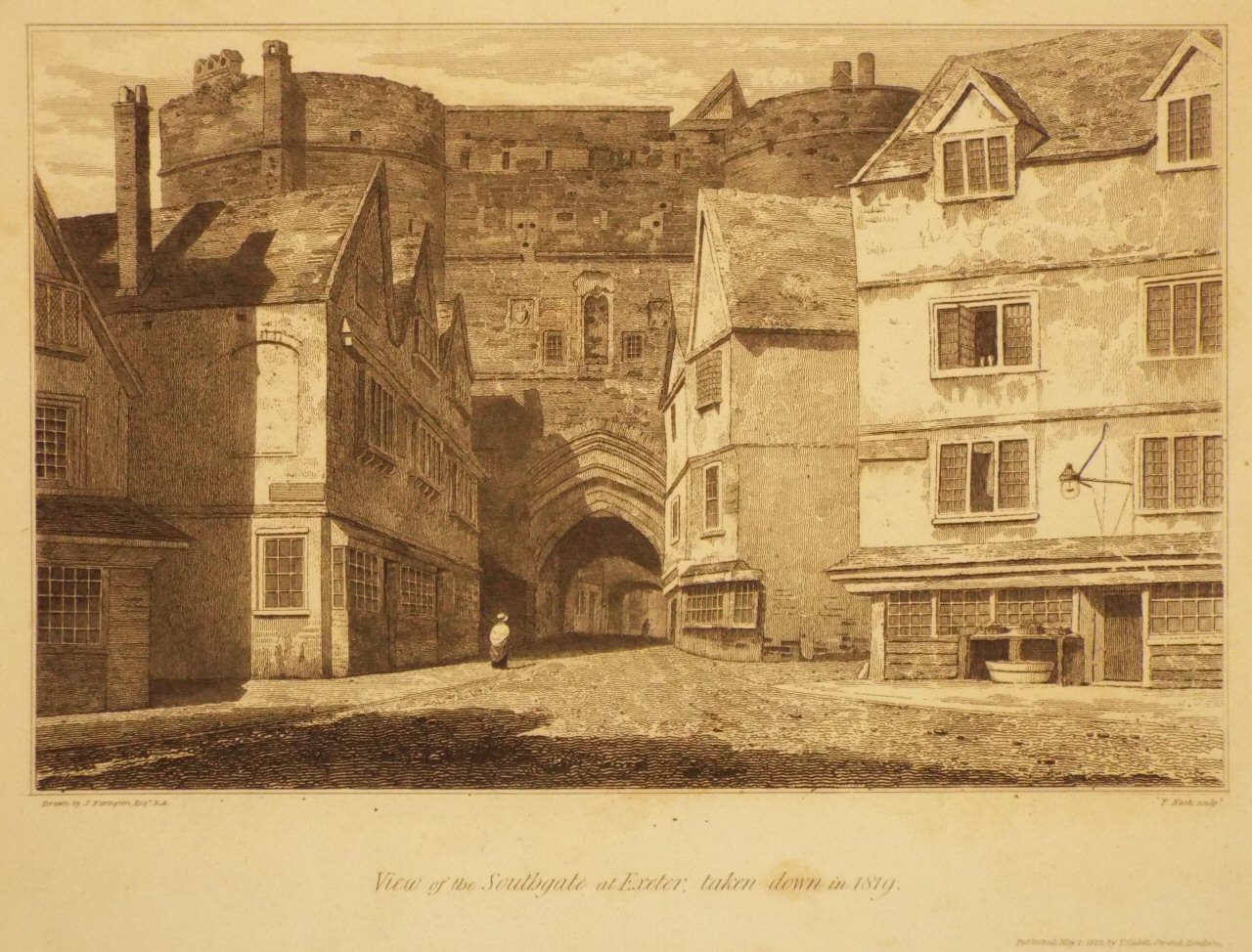 Print - View of the Southgate at Exeter, taken down in 1819. - Nash